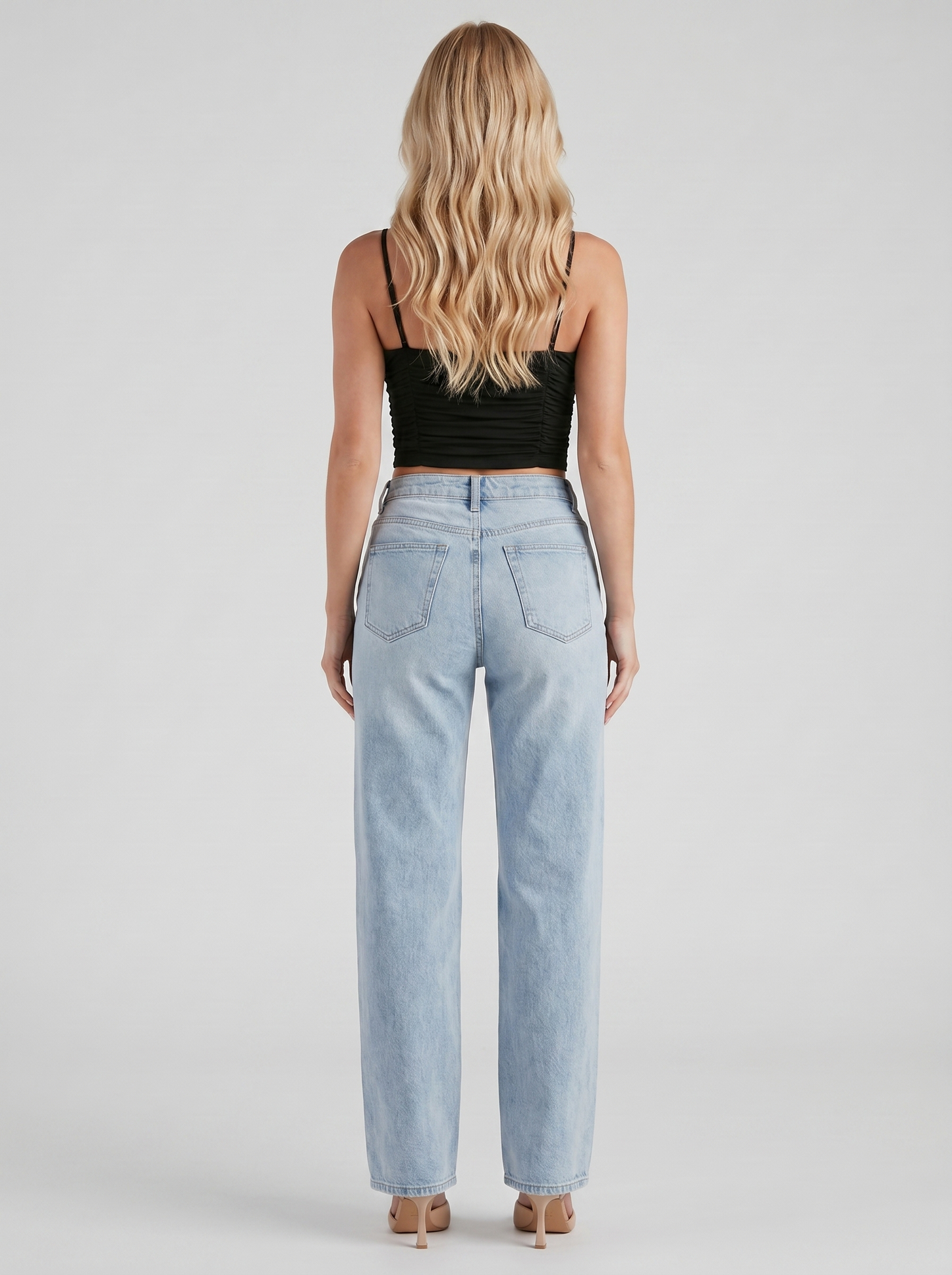 Women light blue high rise wide leg jeans, back view