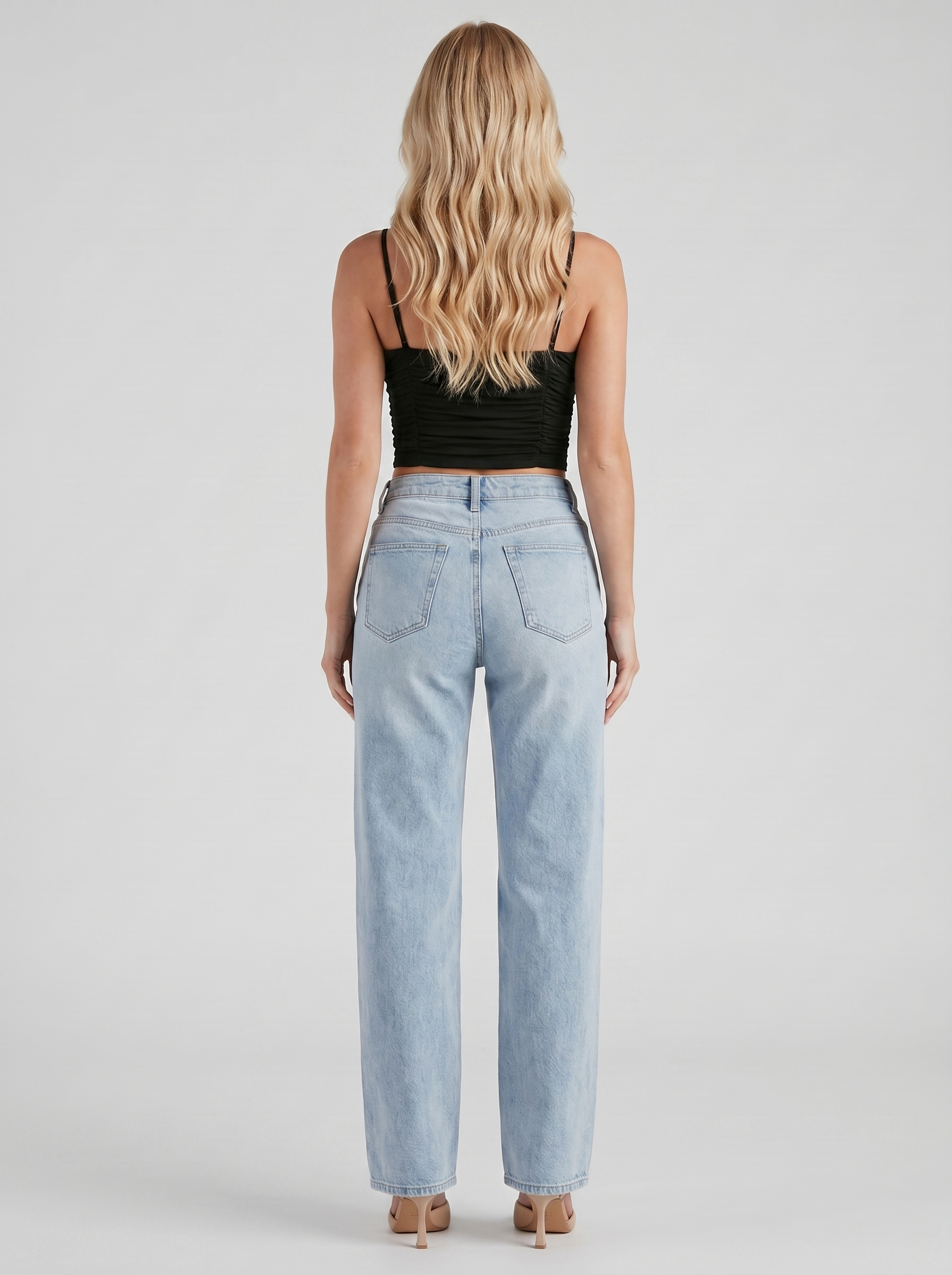 Women light blue high rise wide leg jeans, back view