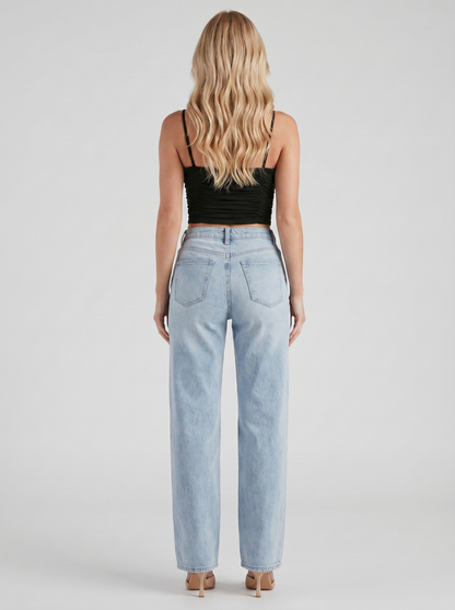 Women light blue high rise wide leg jeans, back view