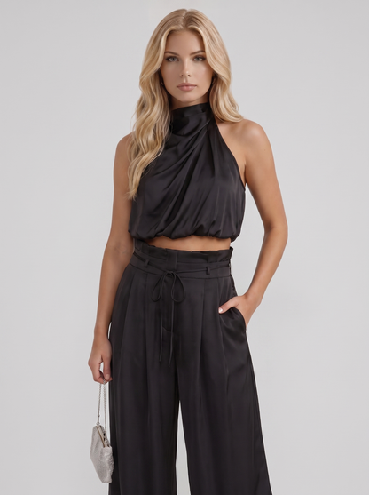 Women black pants set with halter crop top and draped satin front