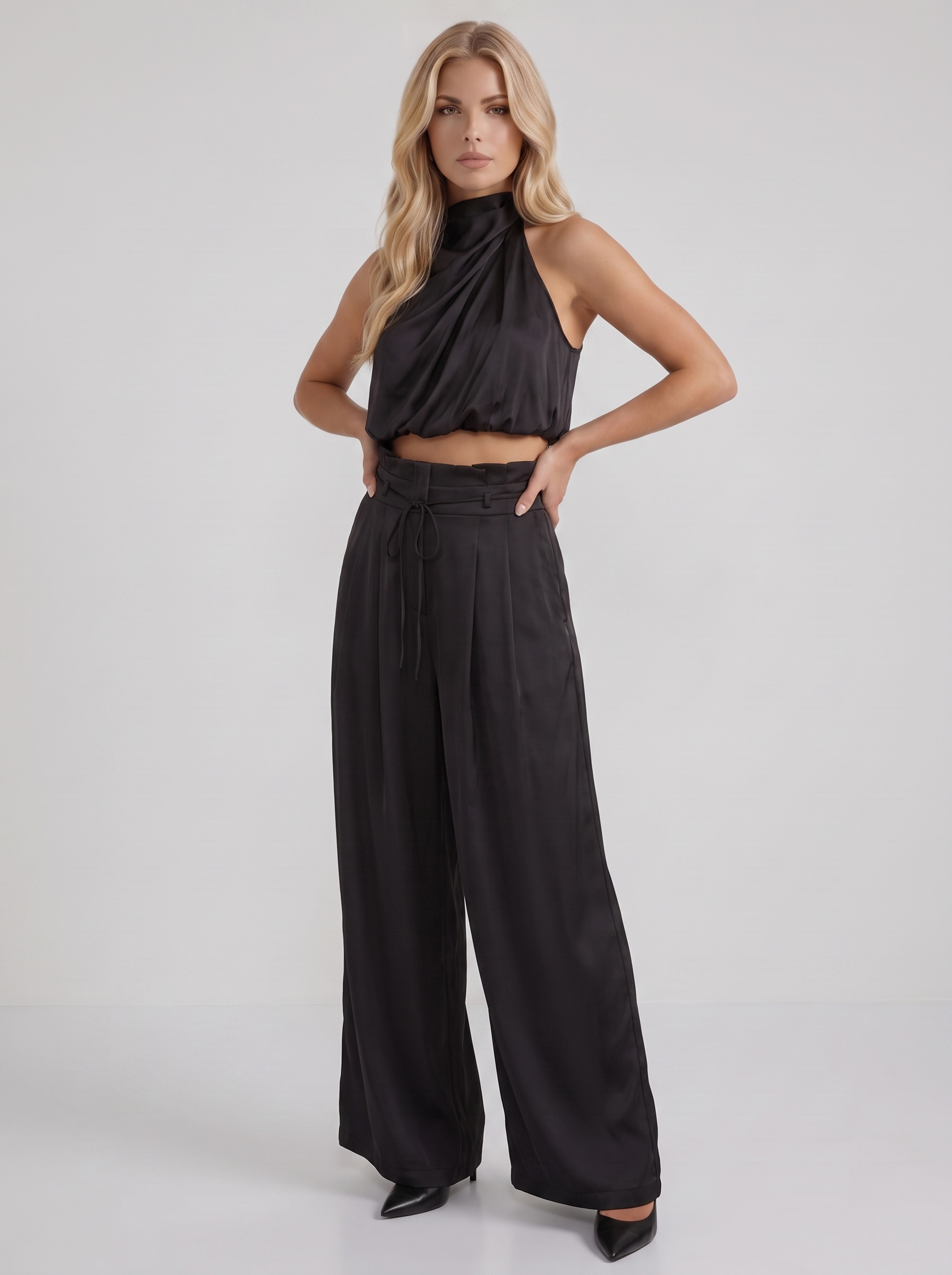Women black pants set with halter crop top and draped satin front