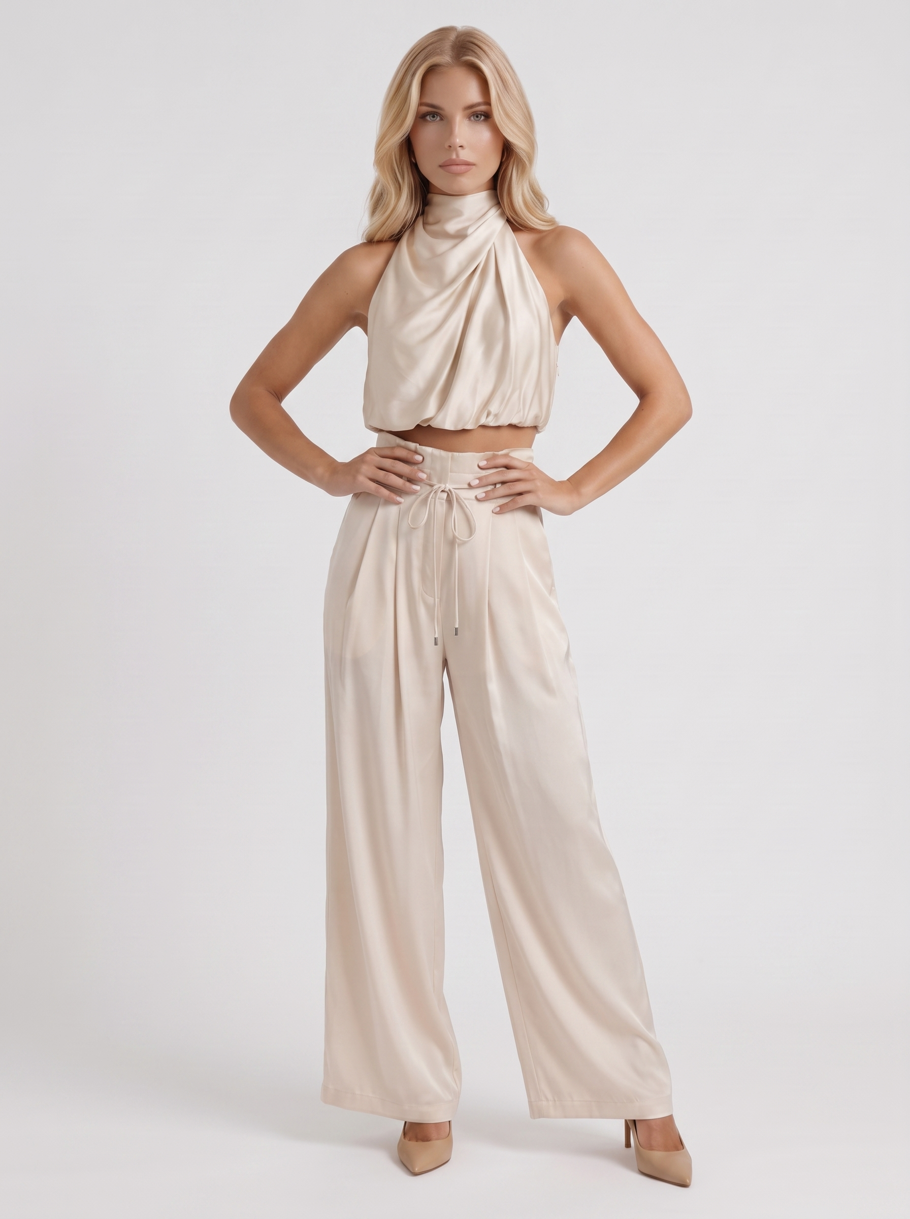 Women champagne pants set with halter crop top and draped satin front