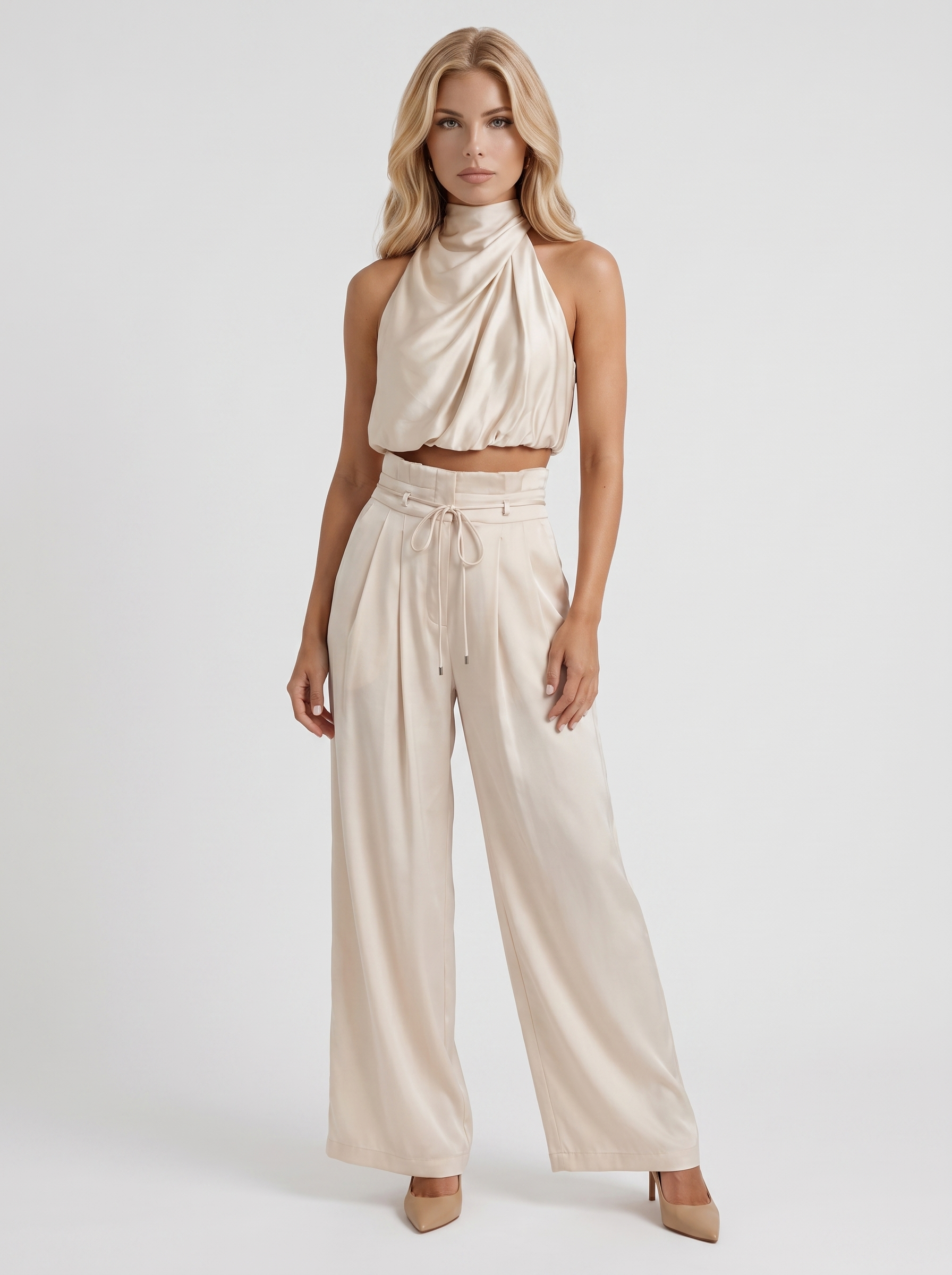 Women champagne pants set with halter crop top and draped satin front