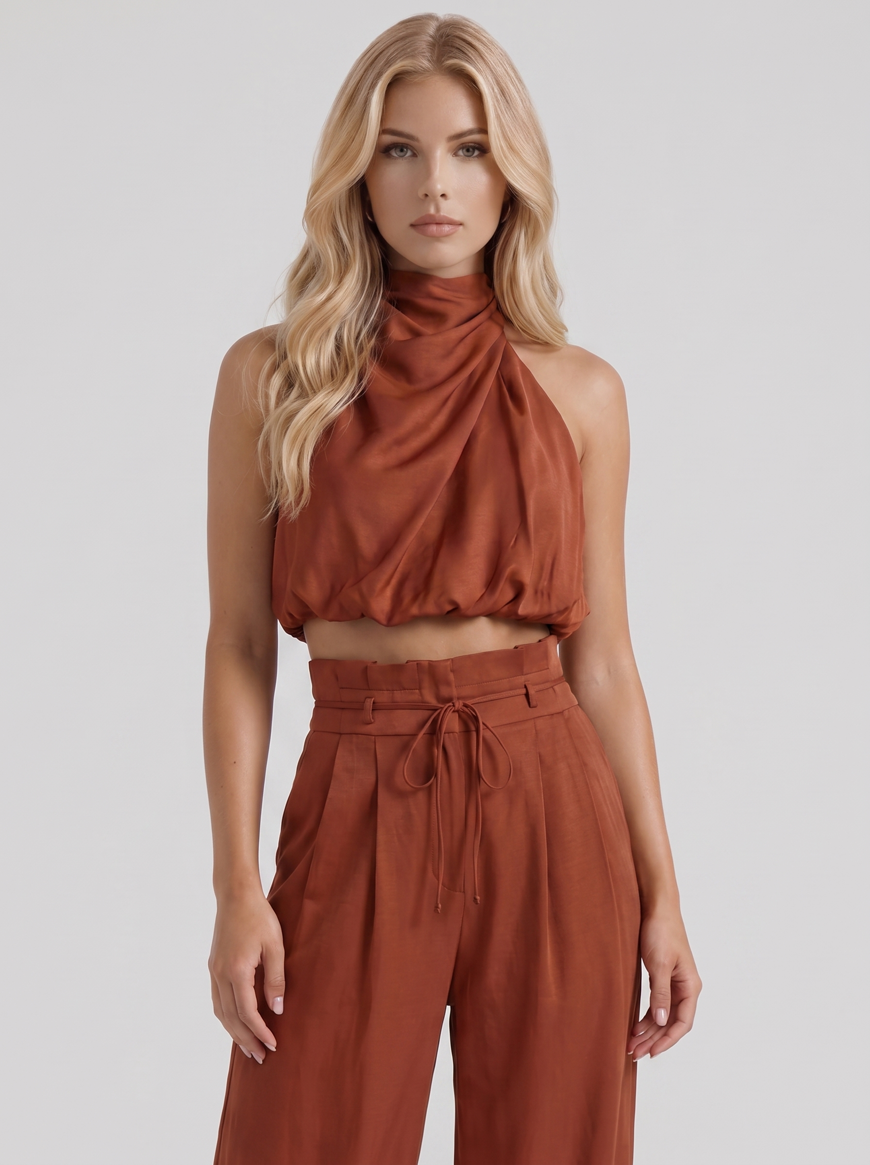 Women red pants set with halter crop top and draped satin front