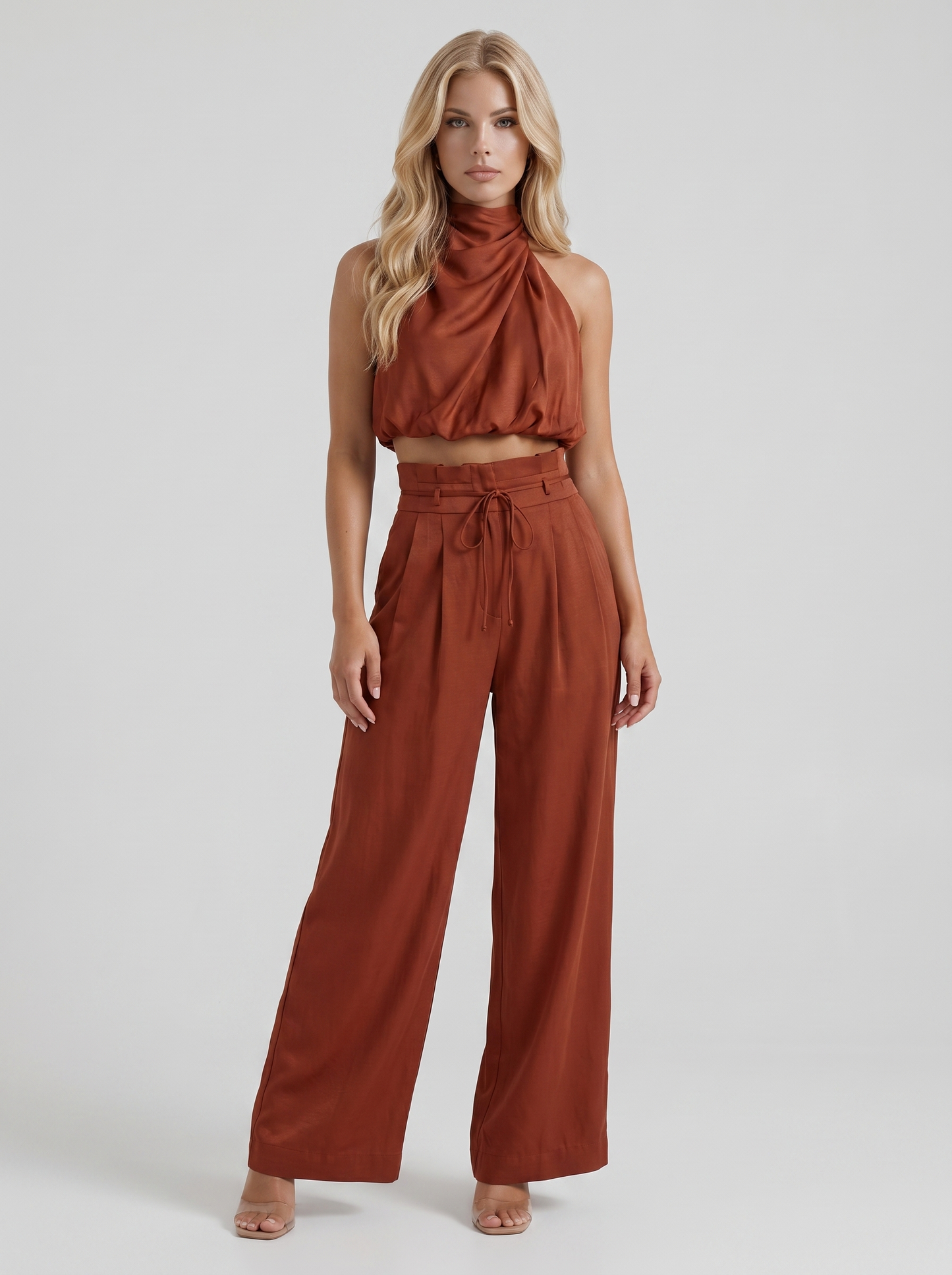 Women red pants set with halter crop top and draped satin front