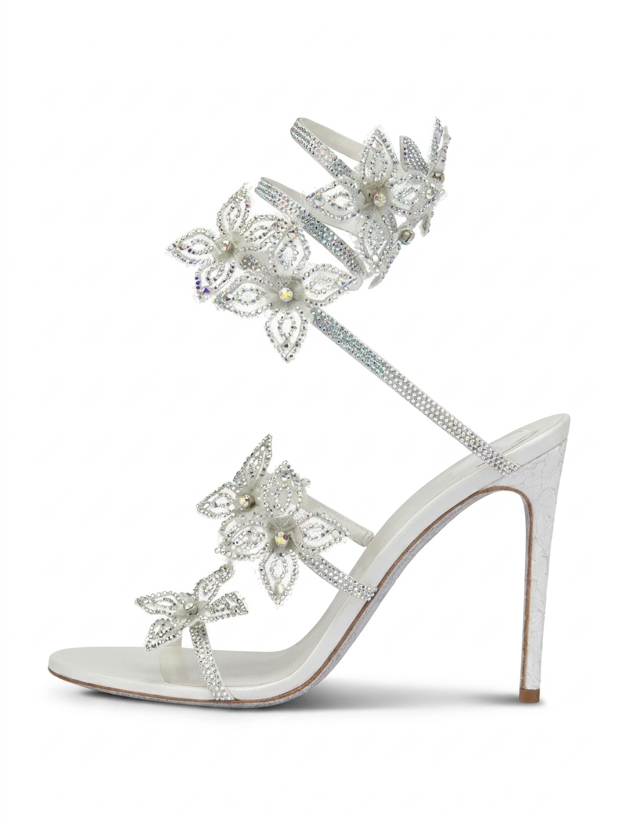 Women silver heeled sandals with wrap straps and rhinestone detail