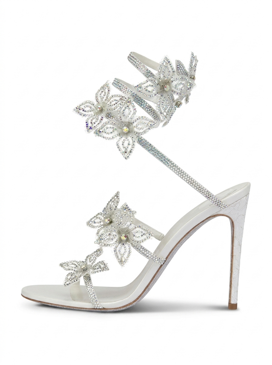 Women silver heeled sandals with wrap straps and rhinestone detail