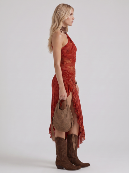 Women red slit maxi dress with one shoulder neckline and ruched detail