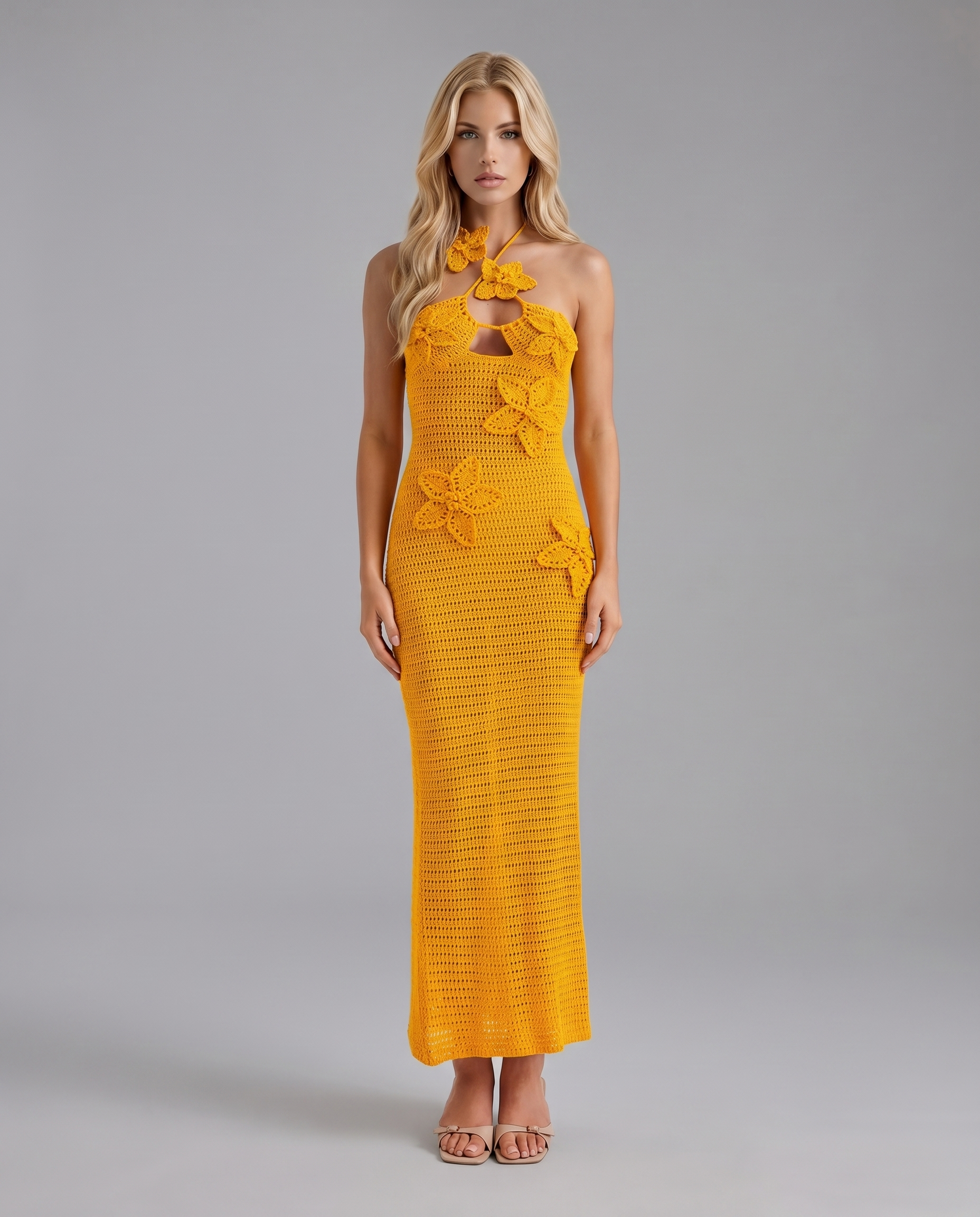 Kyla Crochet Halter Maxi Dress - Orange