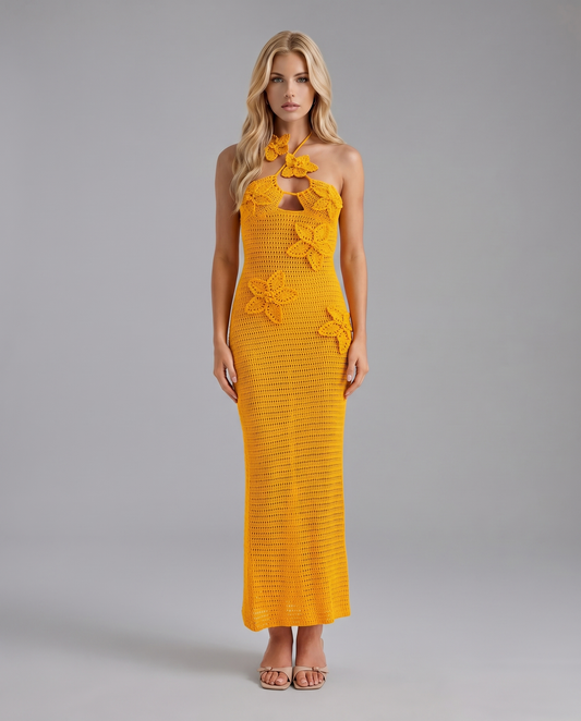 Kyla Crochet Halter Maxi Dress - Orange