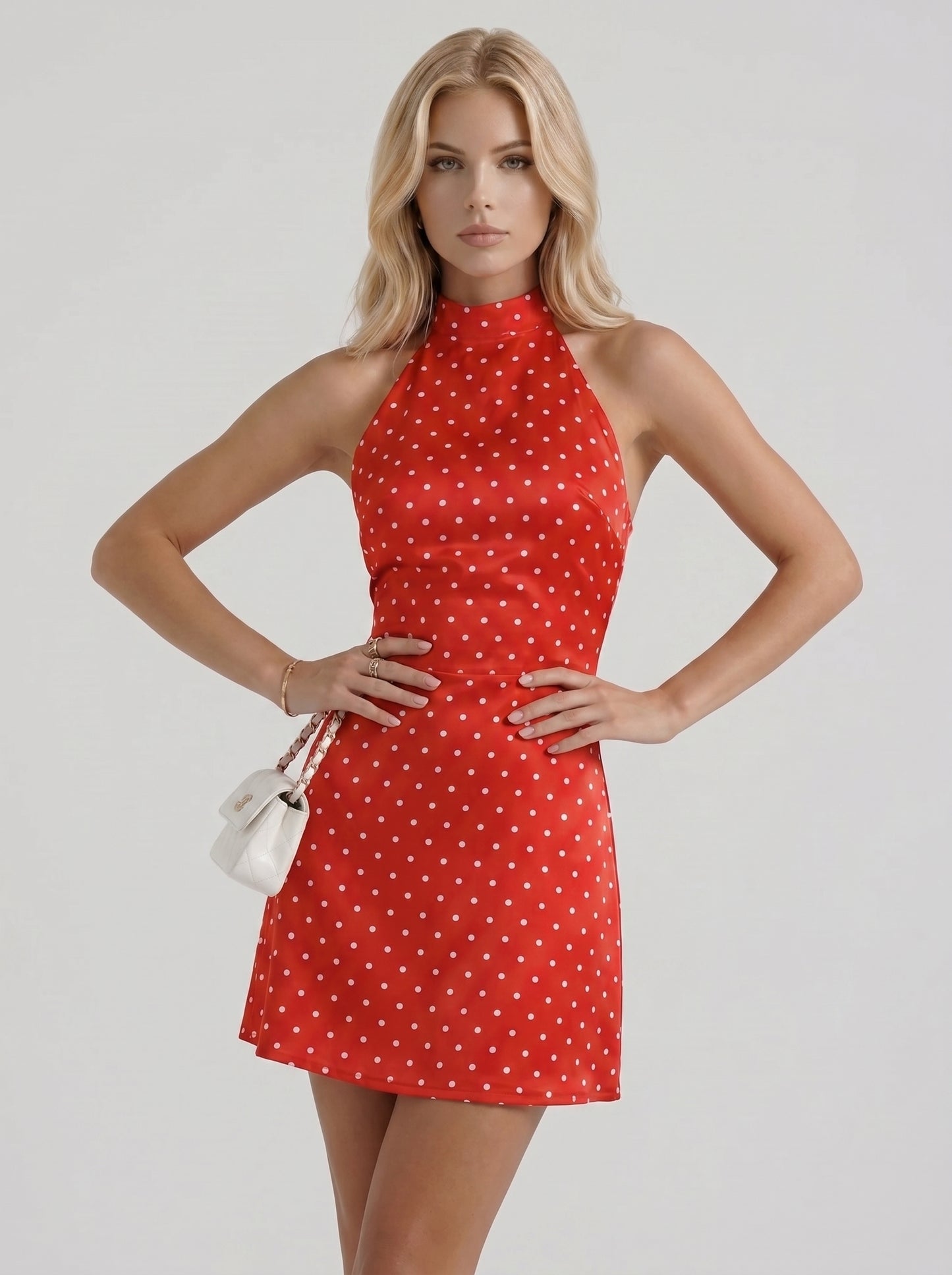 Women red white polka dot high neck halter bodycon mini dress, 45 angle view