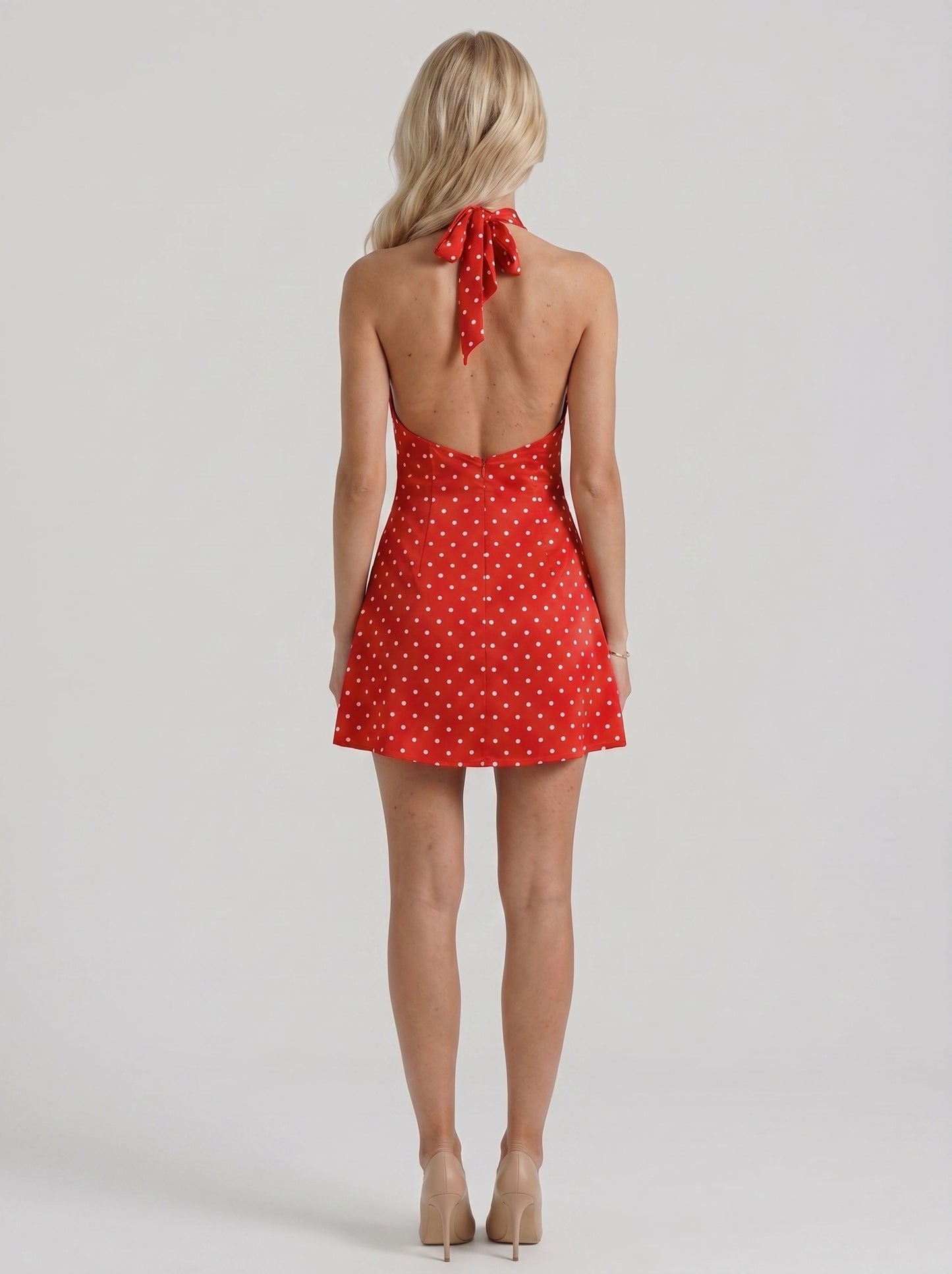 Women red white polka dot high neck halter bodycon mini dress, back view