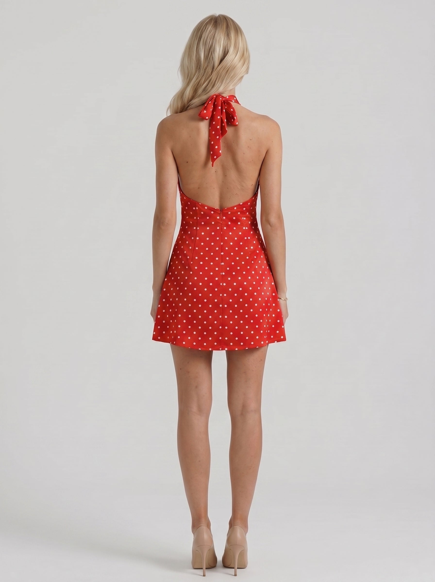 Women red white polka dot high neck halter bodycon mini dress, back view