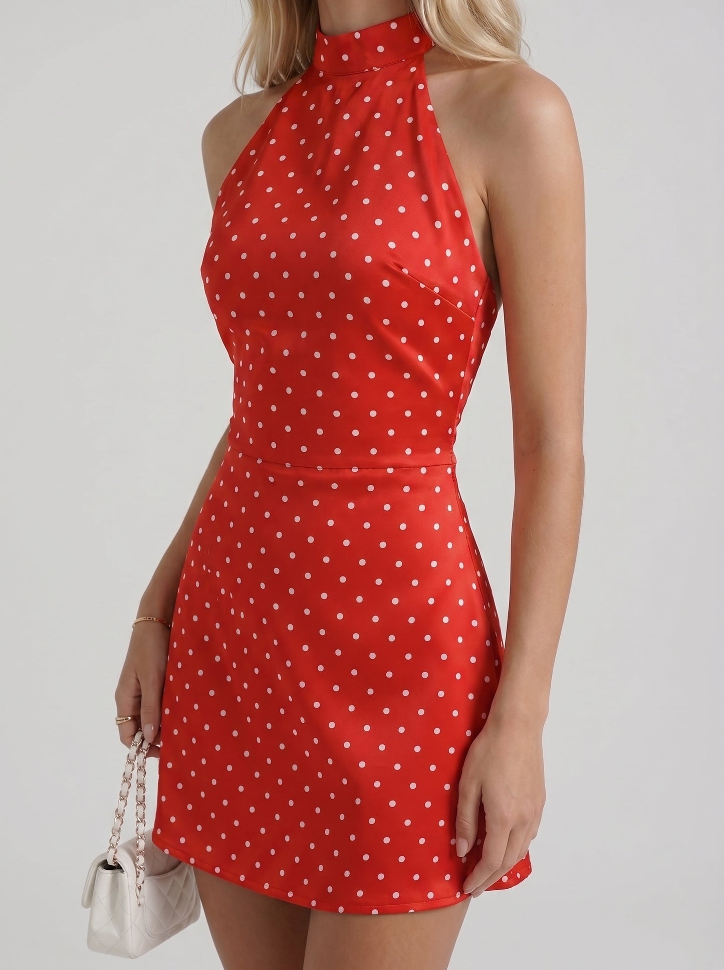 Women red white polka dot high neck halter bodycon mini dress, detail view