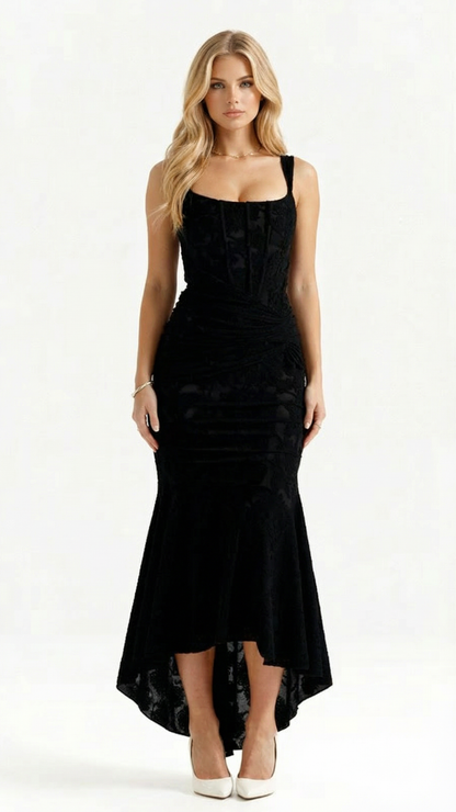 Black corset midi dress styled with heels — full-body view.