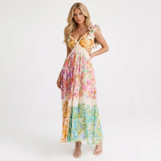 Multicolor maxi dress with floral print and ruffled straps — front view showing V neckline and flowing skirt.