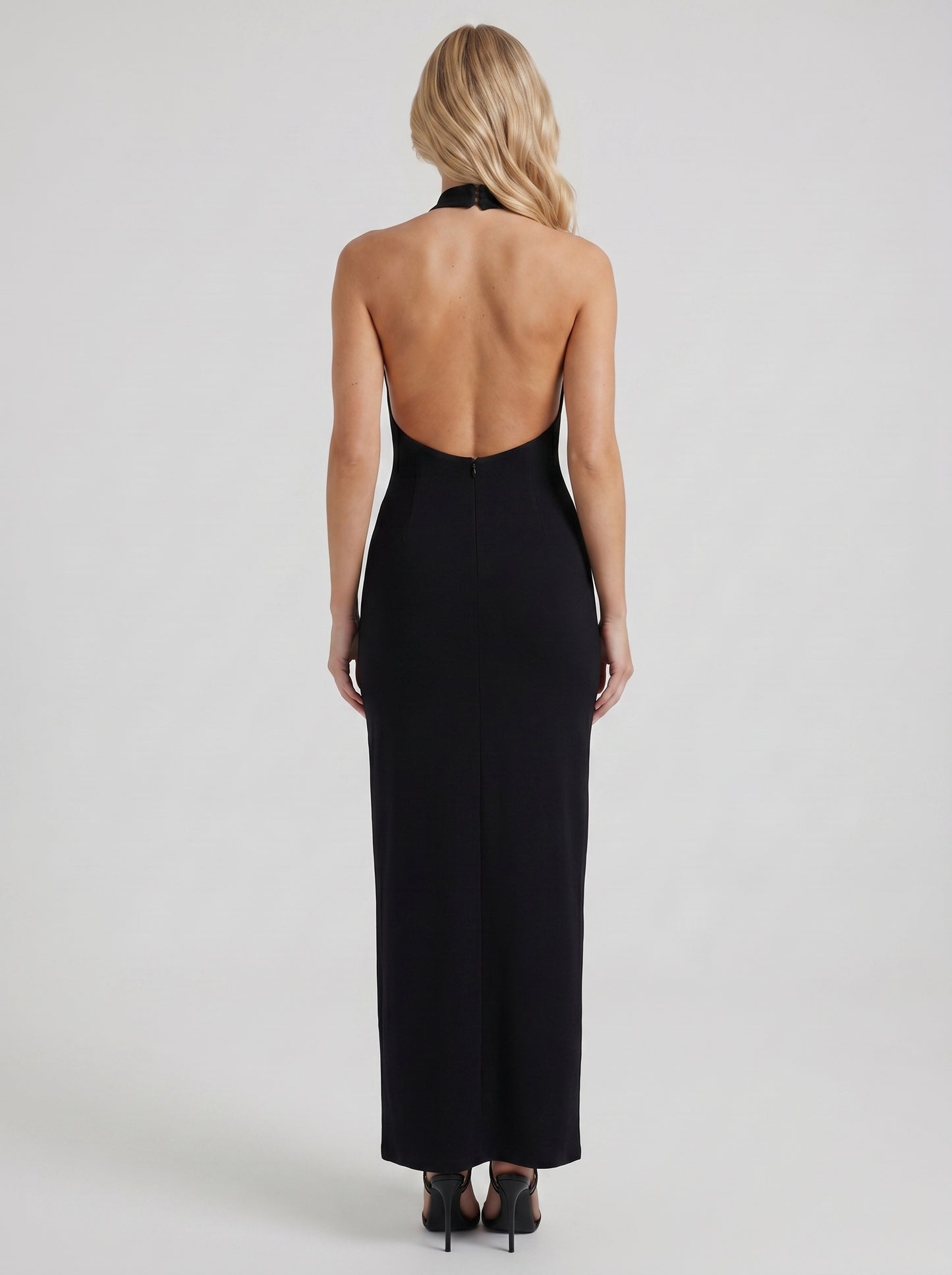 Women black mock neck bodycon maxi dress, back view