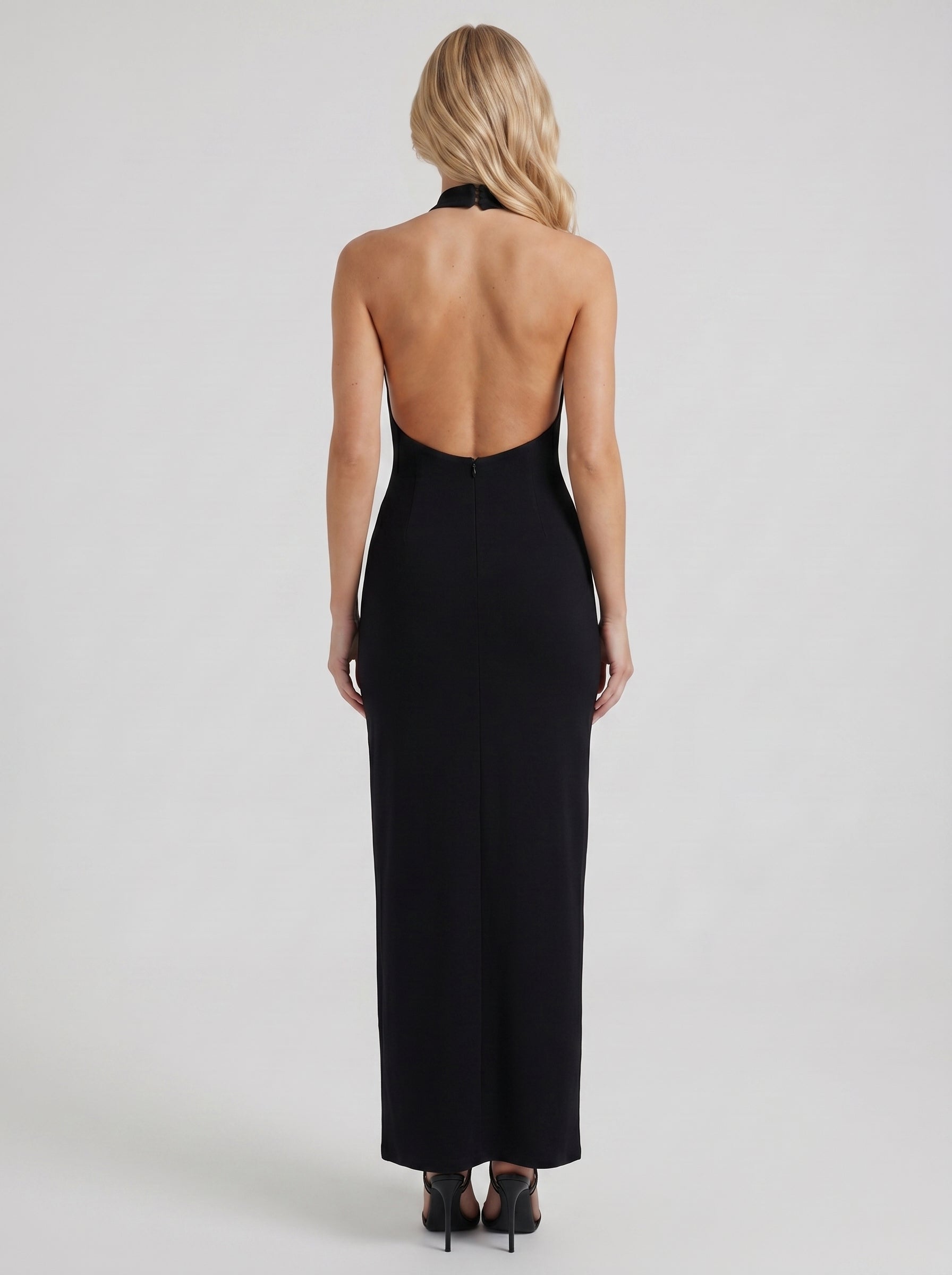 Women black mock neck bodycon maxi dress, back view