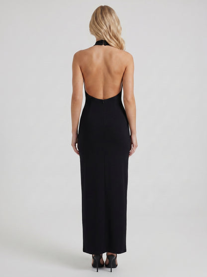 Women black mock neck bodycon maxi dress, back view