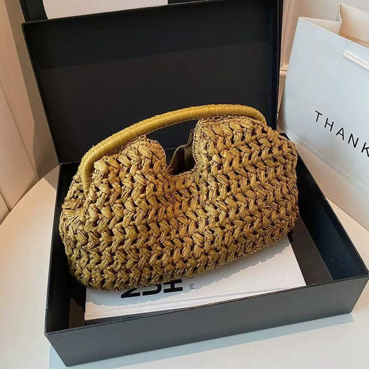 Women yellow clutch bag with raffia weave and woven body