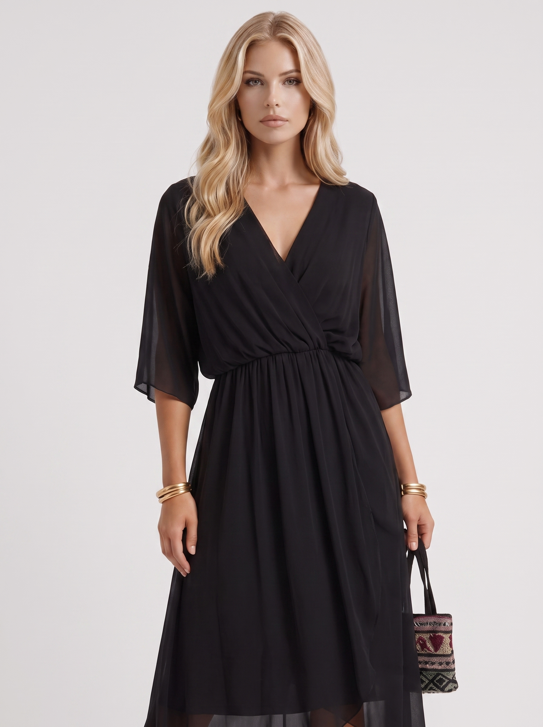 Women black midi dress with surplice wrap neckline and kimono sleeves