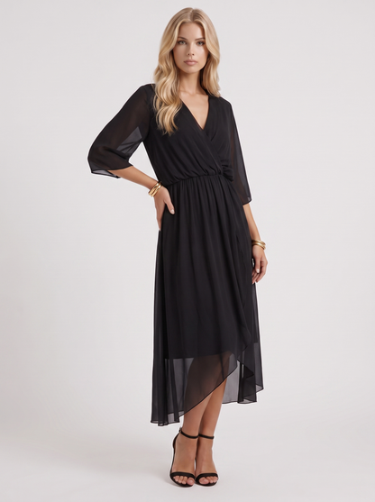 Women black midi dress with surplice wrap neckline and kimono sleeves