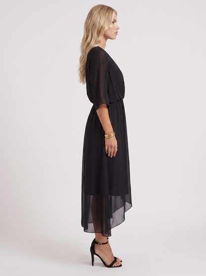 Women black midi dress with surplice wrap neckline and kimono sleeves
