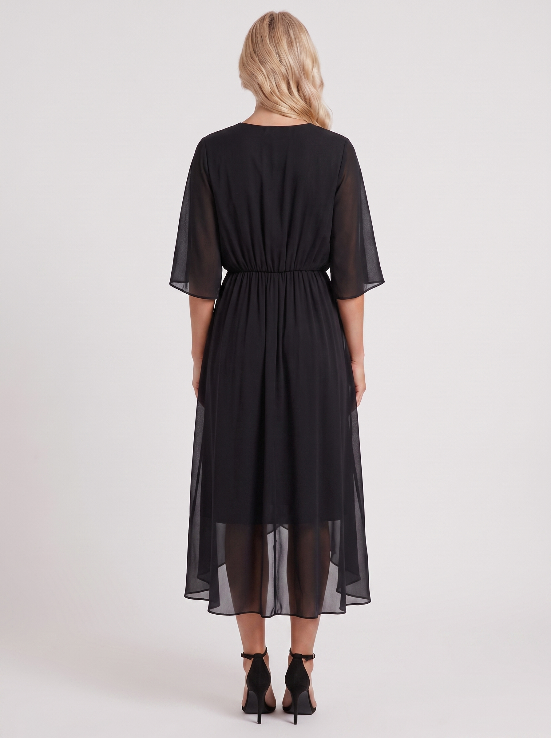 Women black midi dress with surplice wrap neckline and kimono sleeves
