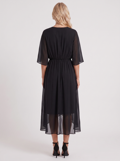 Women black midi dress with surplice wrap neckline and kimono sleeves
