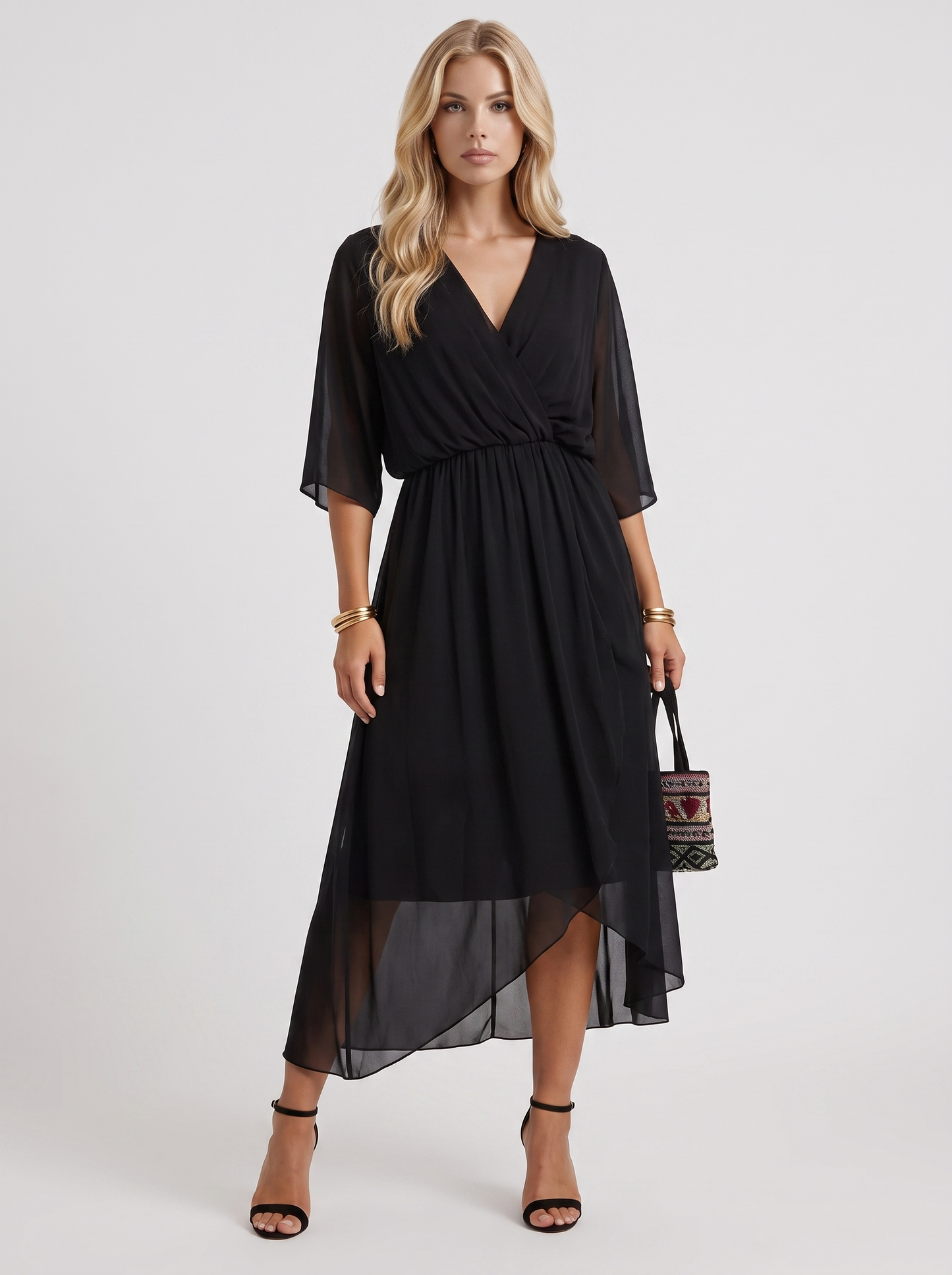Women black midi dress with surplice wrap neckline and kimono sleeves