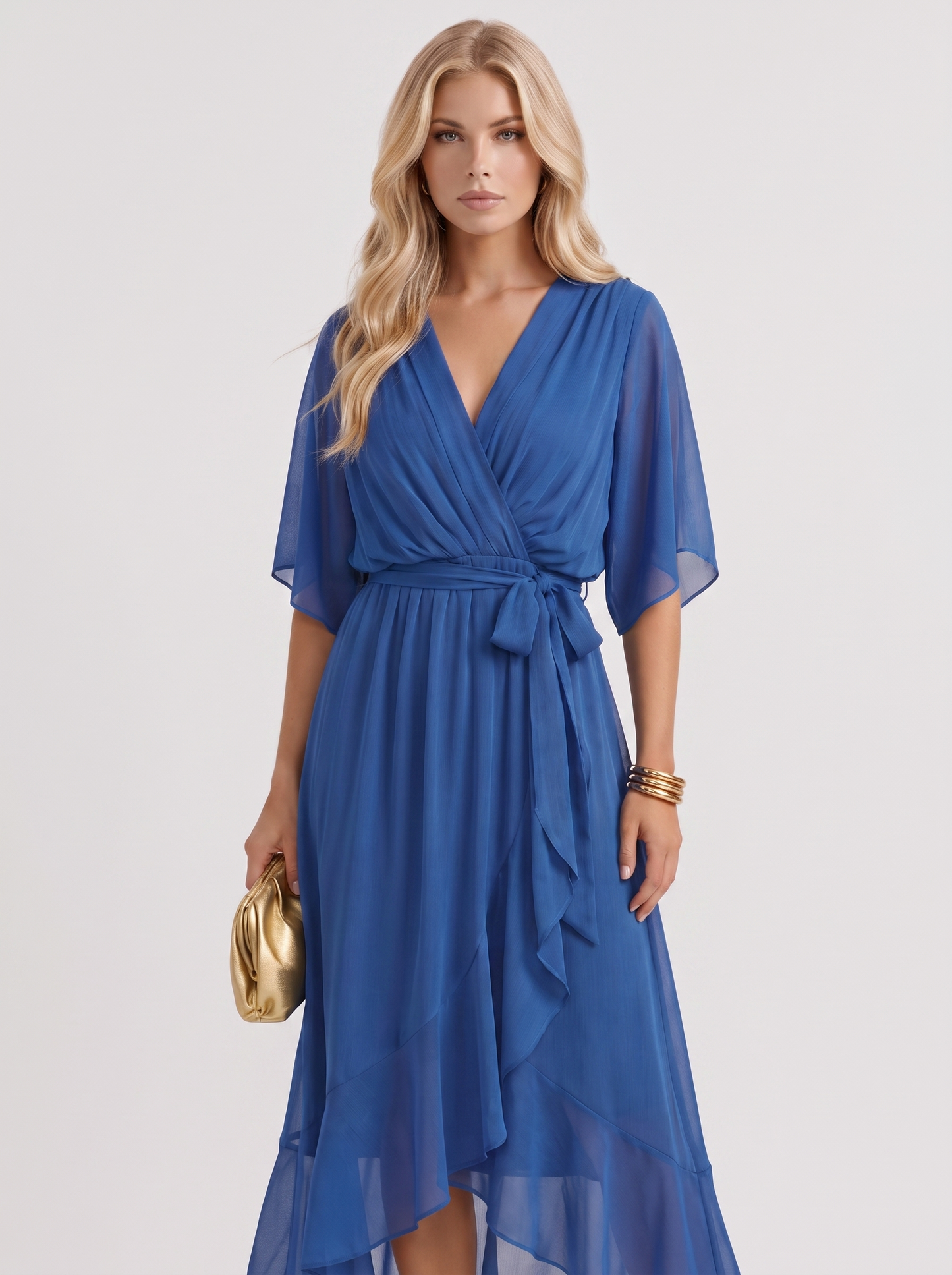 Women blue midi dress with surplice wrap neckline and kimono sleeves