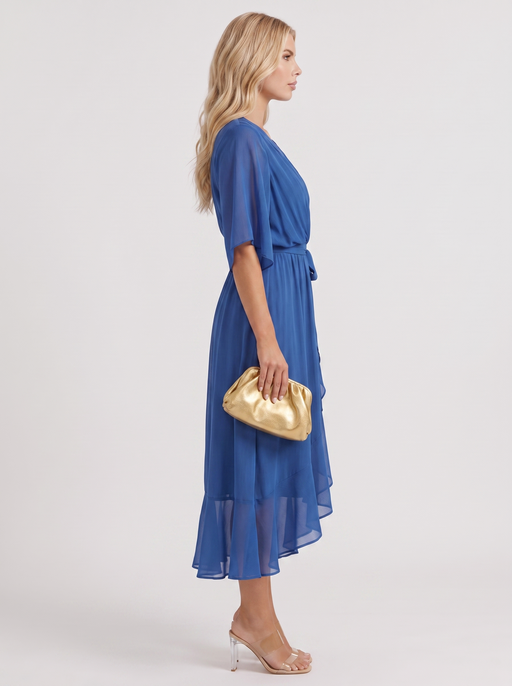 Women blue midi dress with surplice wrap neckline and kimono sleeves