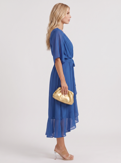 Women blue midi dress with surplice wrap neckline and kimono sleeves