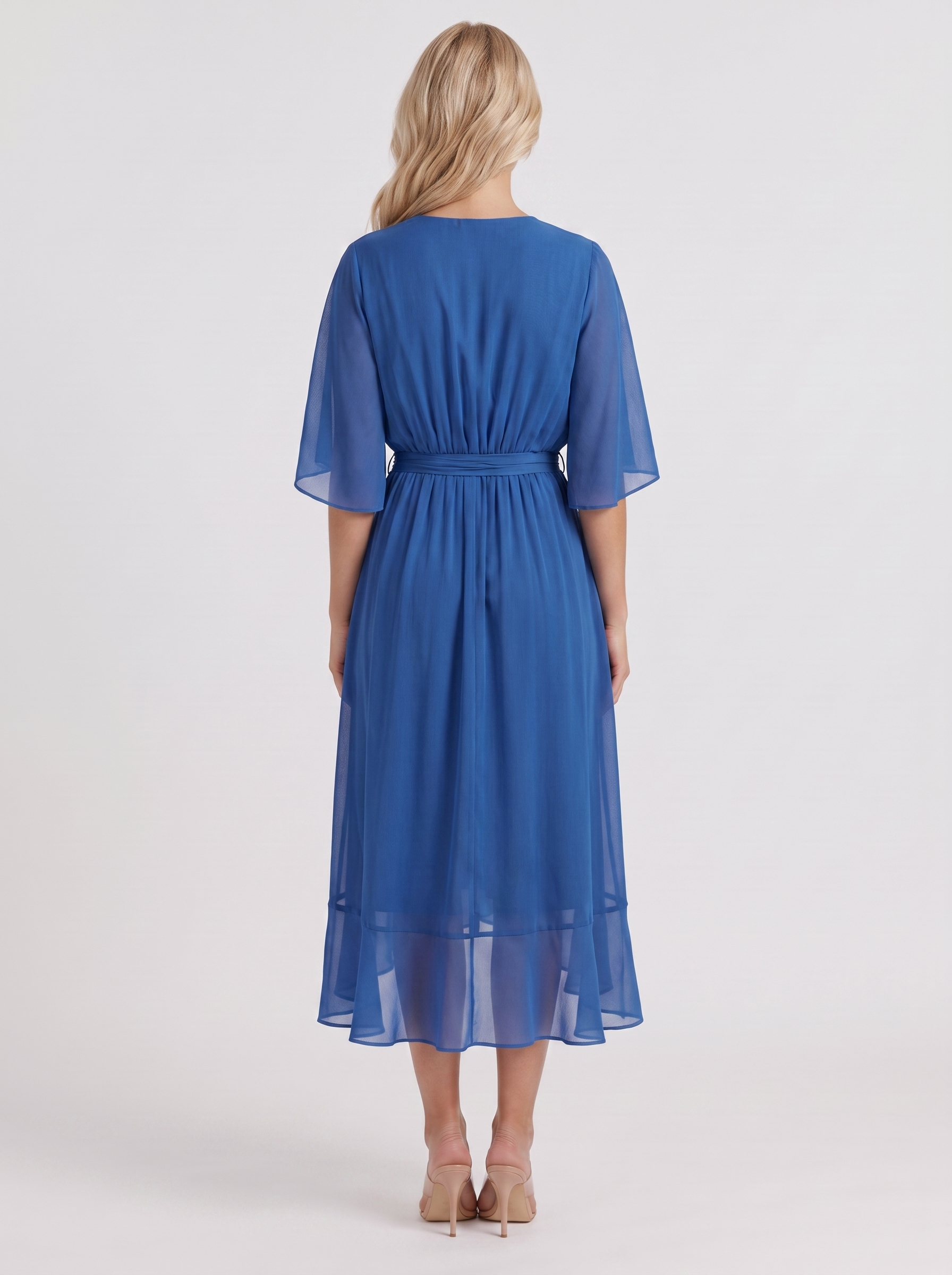 Women blue midi dress with surplice wrap neckline and kimono sleeves