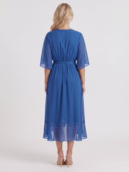 Women blue midi dress with surplice wrap neckline and kimono sleeves