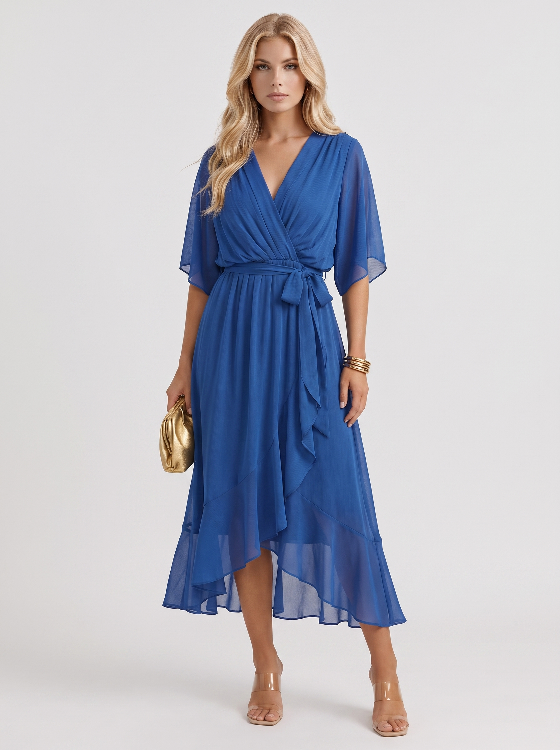 Women blue midi dress with surplice wrap neckline and kimono sleeves