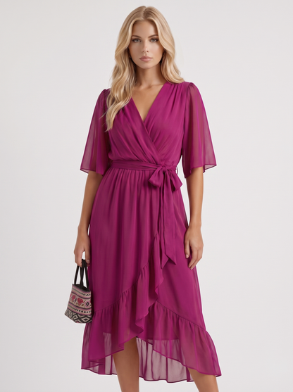 Women dark purple midi dress with surplice wrap neckline and kimono sleeves
