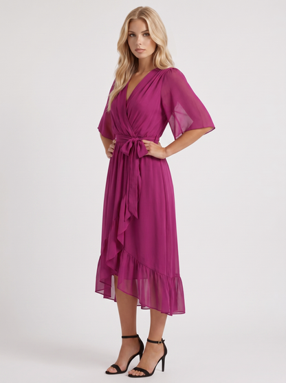 Women dark purple midi dress with surplice wrap neckline and kimono sleeves