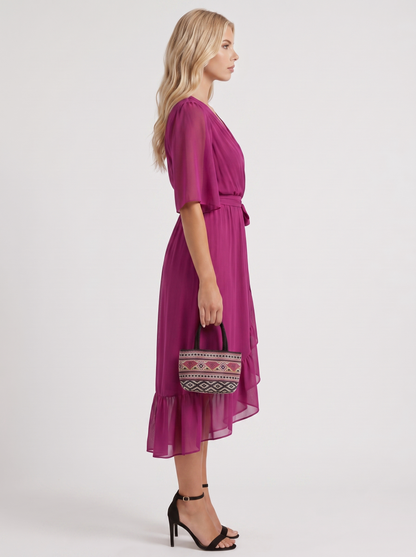 Women dark purple midi dress with surplice wrap neckline and kimono sleeves