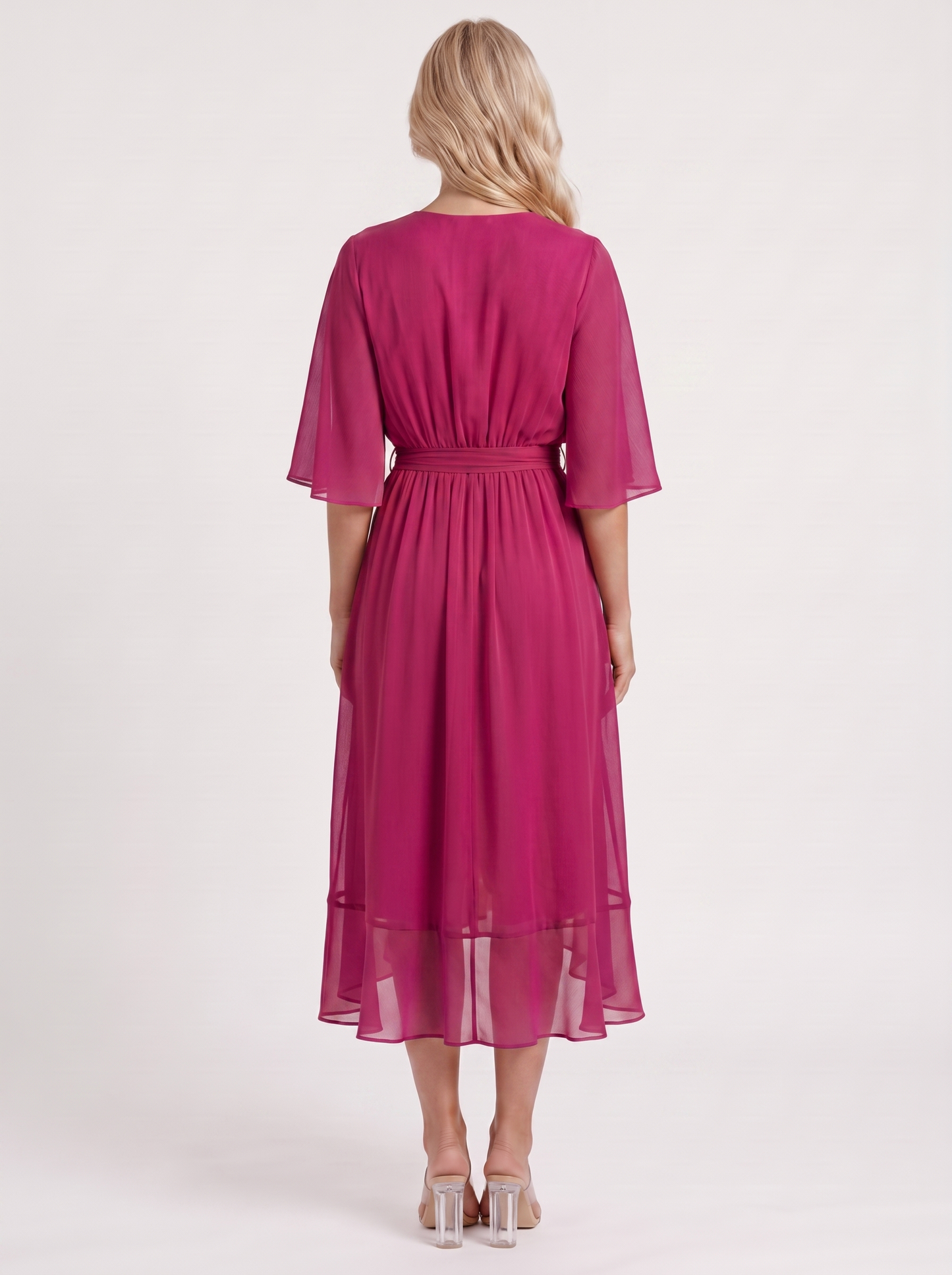 Women dark purple midi dress with surplice wrap neckline and kimono sleeves