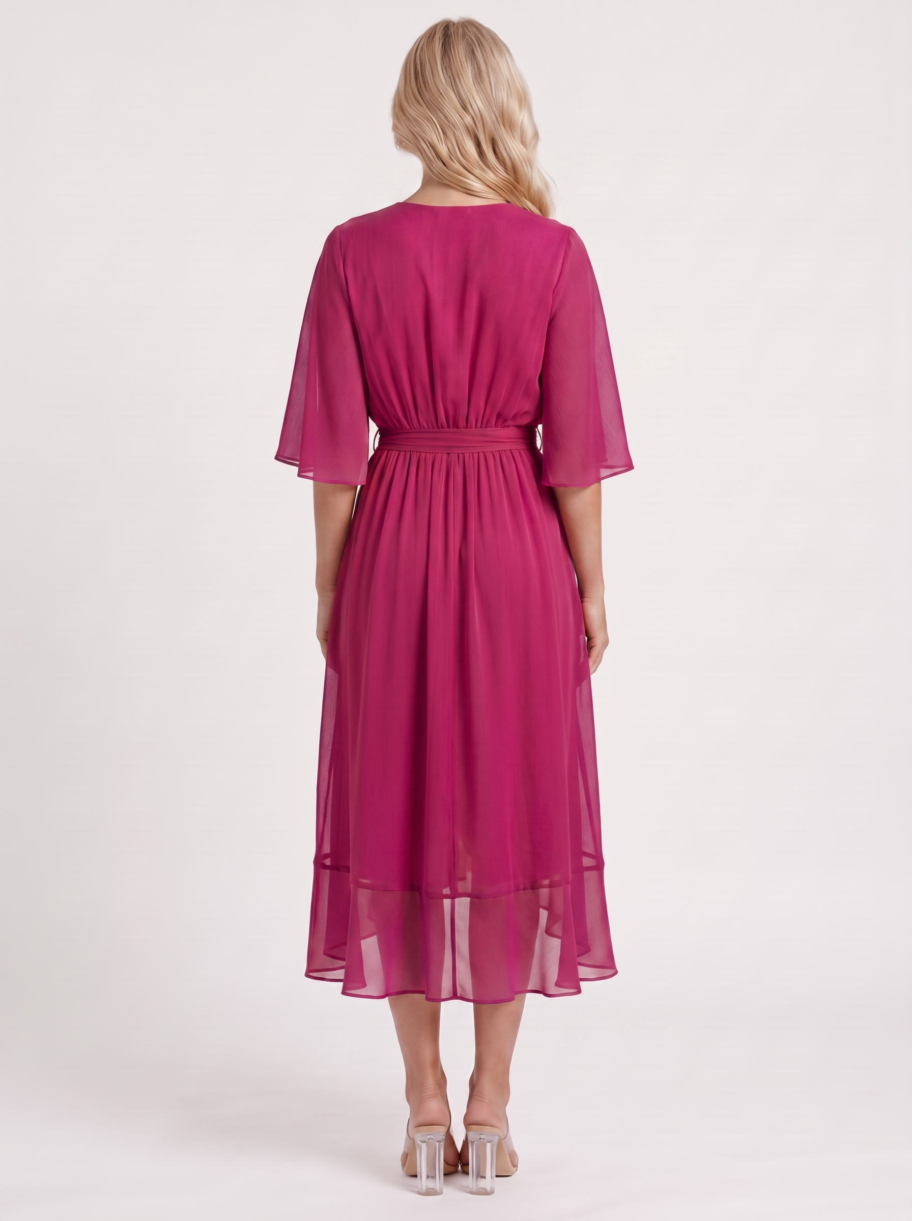 Women dark purple midi dress with surplice wrap neckline and kimono sleeves