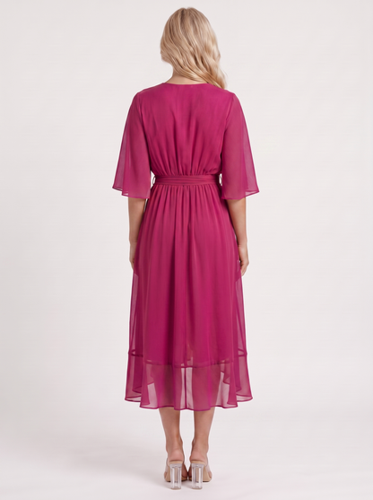 Women dark purple midi dress with surplice wrap neckline and kimono sleeves