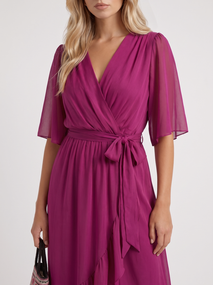 Women dark purple midi dress with surplice wrap neckline and kimono sleeves