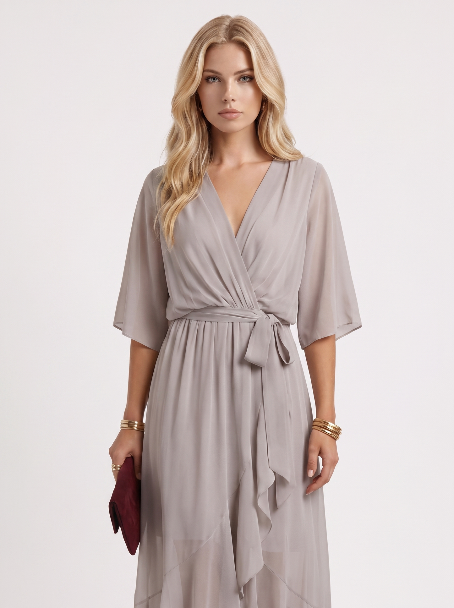 Women grey midi dress with surplice wrap neckline and kimono sleeves