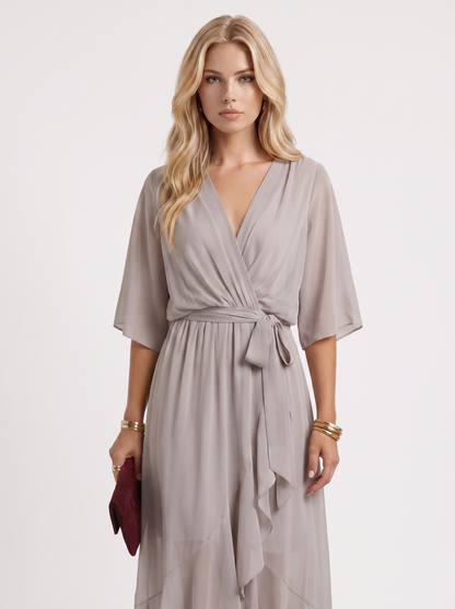 Women grey midi dress with surplice wrap neckline and kimono sleeves
