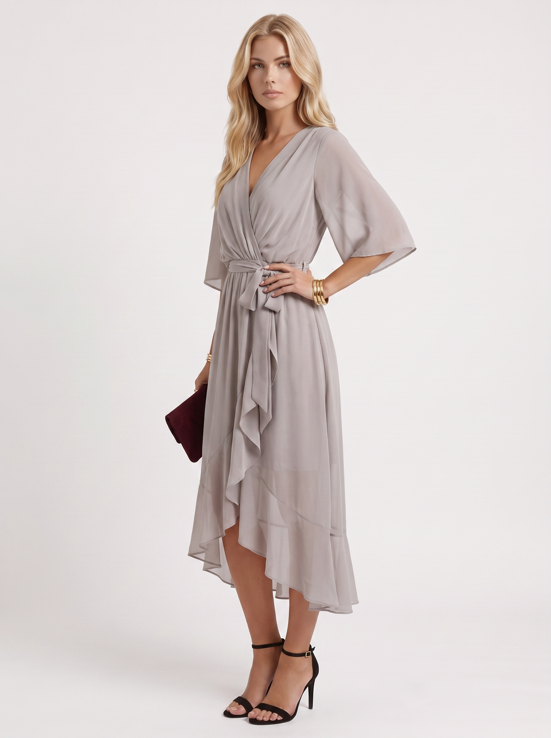 Women grey midi dress with surplice wrap neckline and kimono sleeves