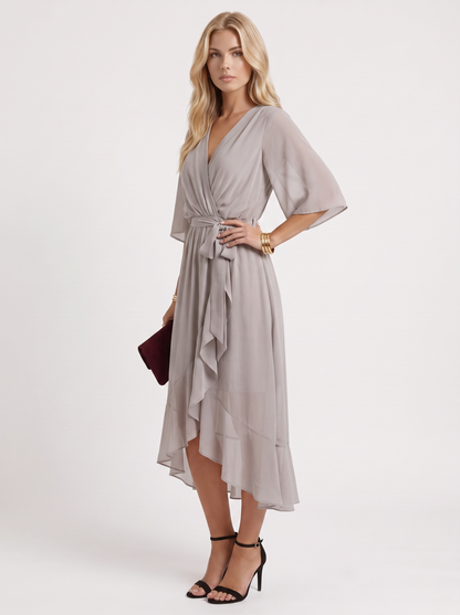 Women grey midi dress with surplice wrap neckline and kimono sleeves