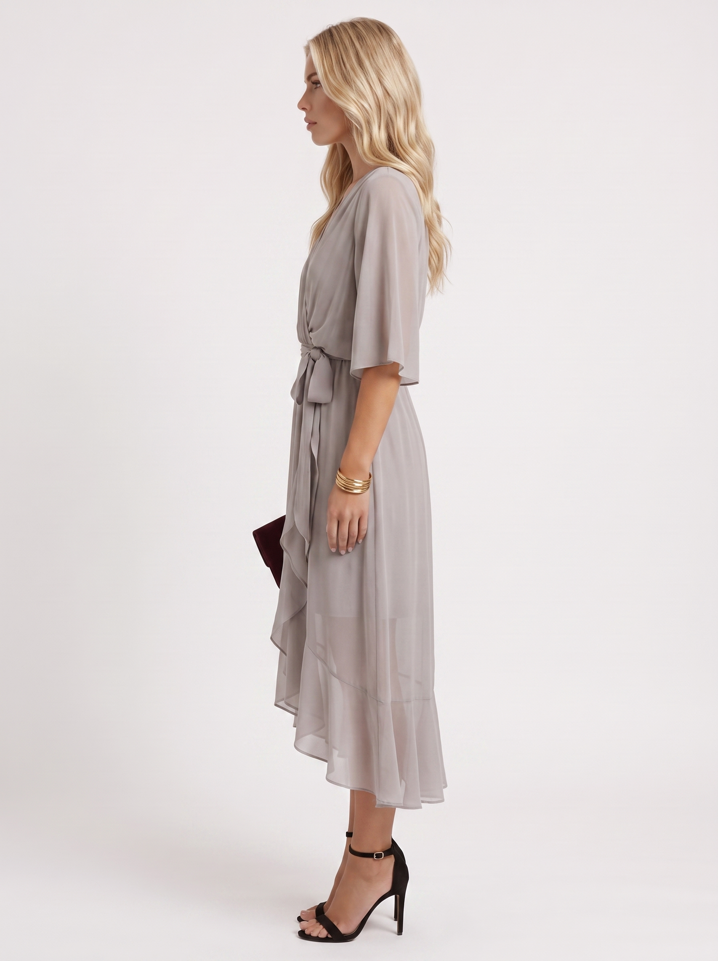 Women grey midi dress with surplice wrap neckline and kimono sleeves