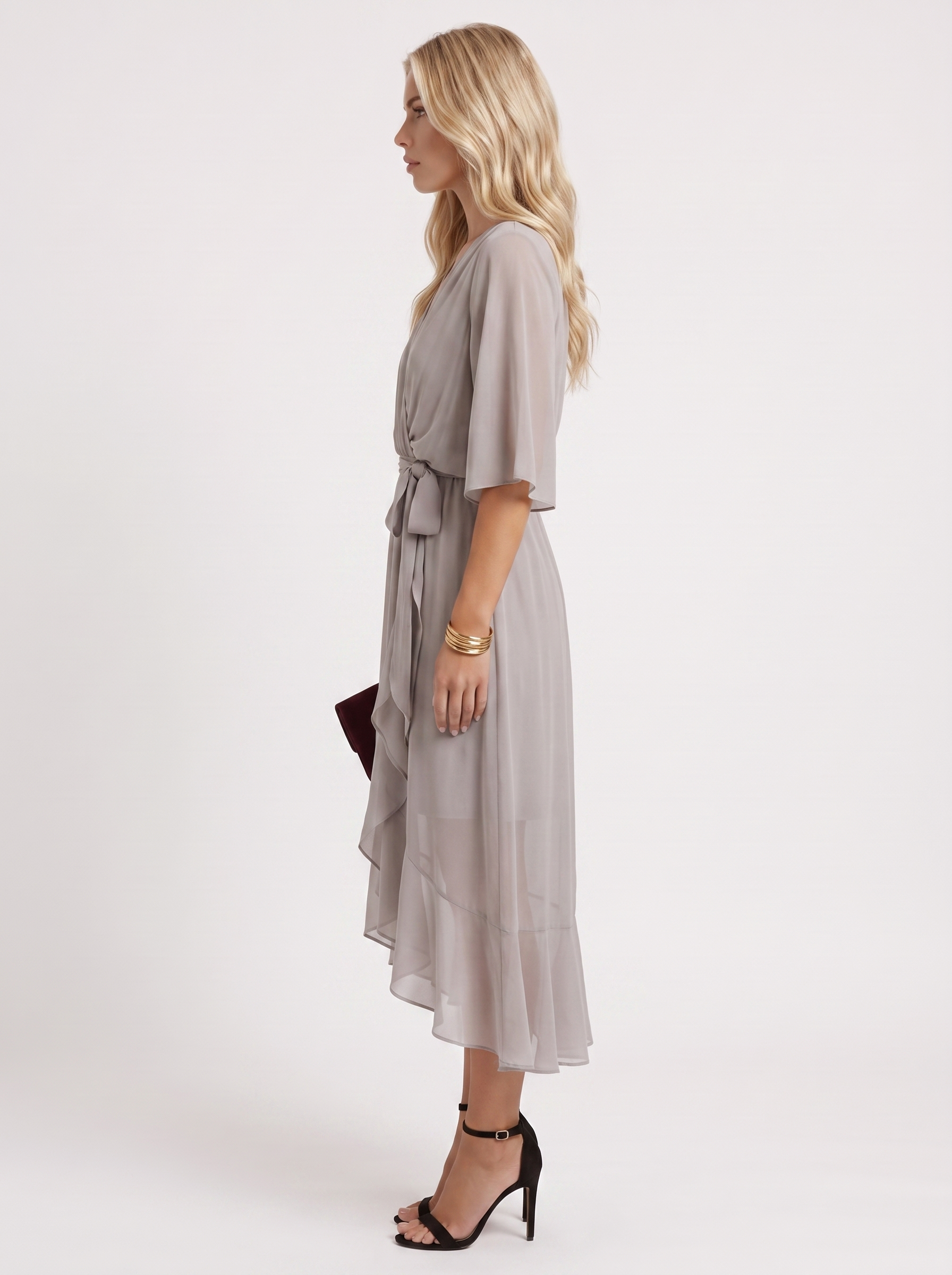 Women grey midi dress with surplice wrap neckline and kimono sleeves