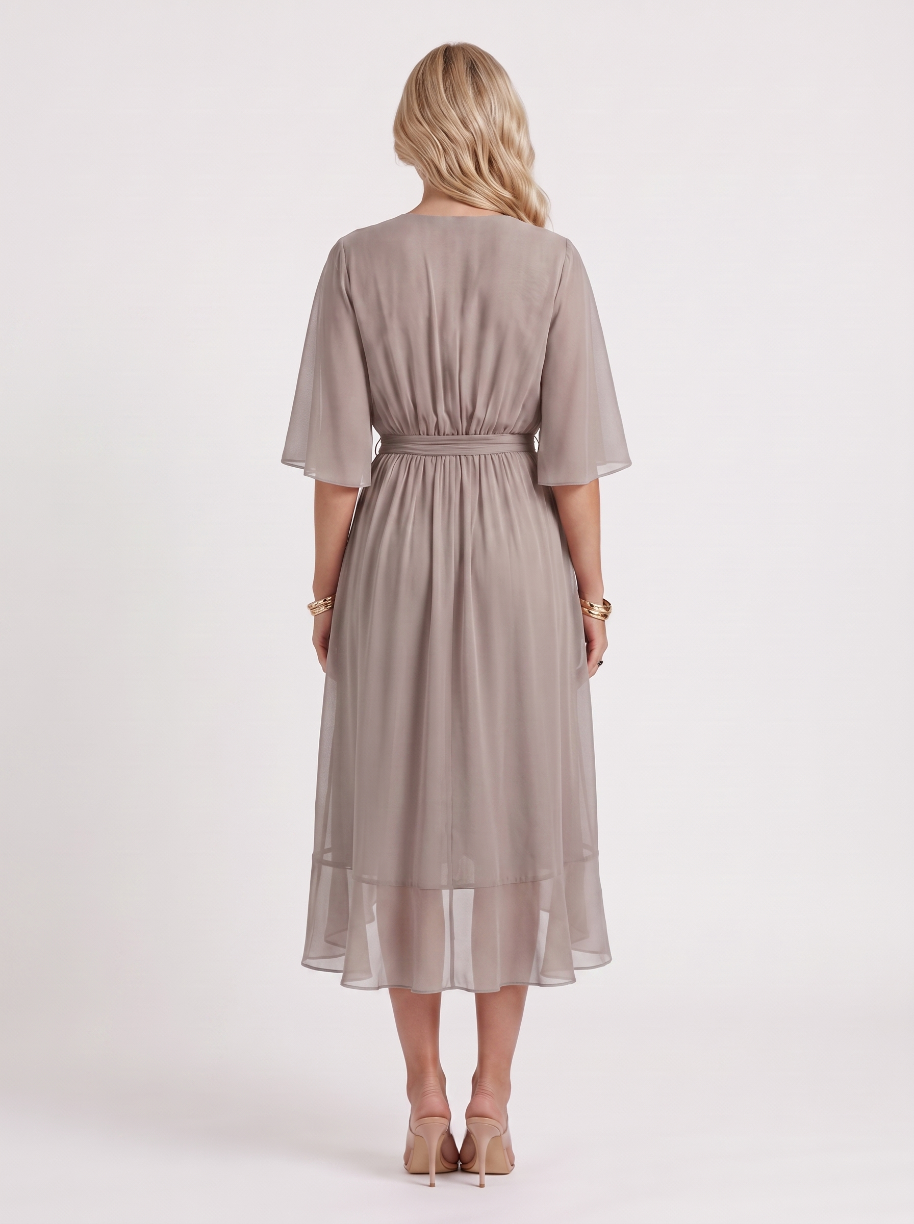 Women grey midi dress with surplice wrap neckline and kimono sleeves